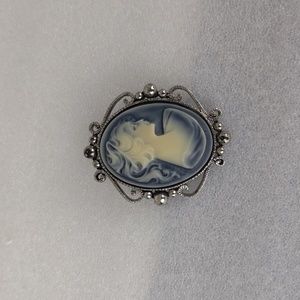 Vintage Looking Faux Cameo Pin Brooch Blue Background